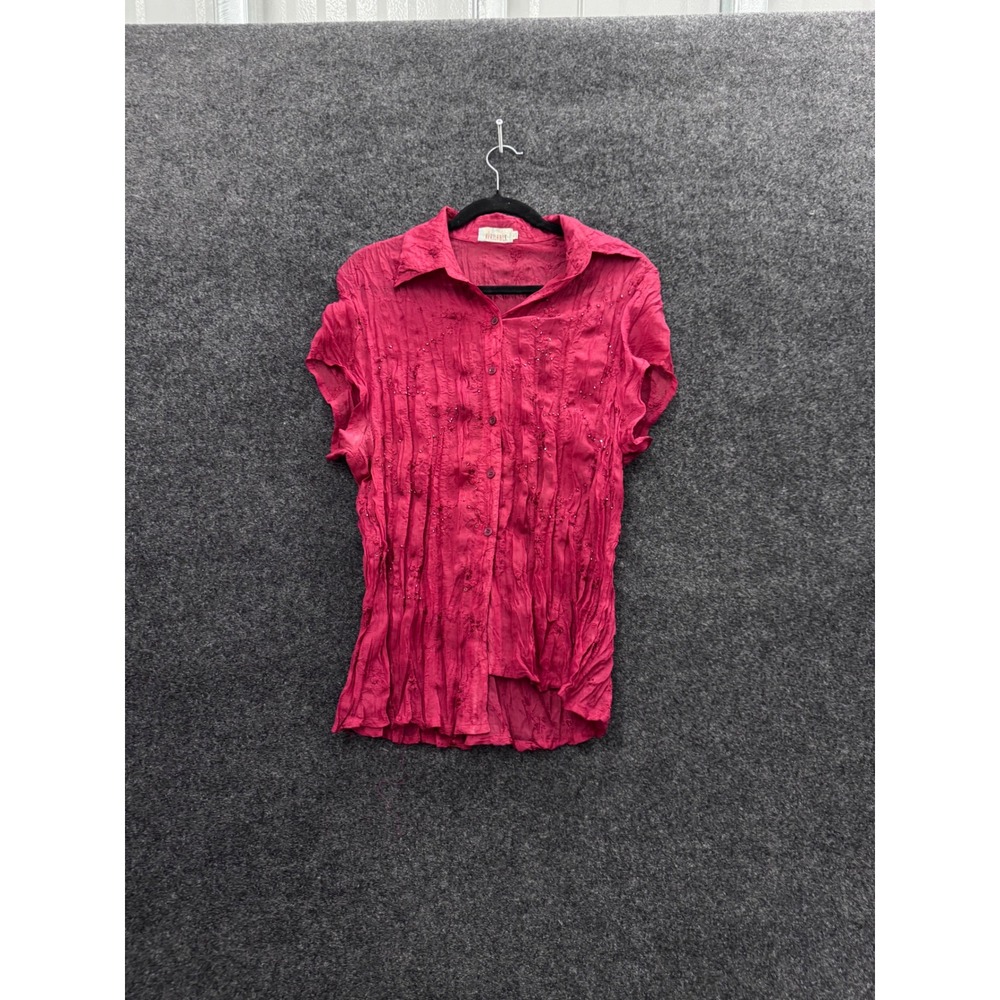 Available Magenta Crinkle Embroidered Sequin Button Up Blouse Top XXXL